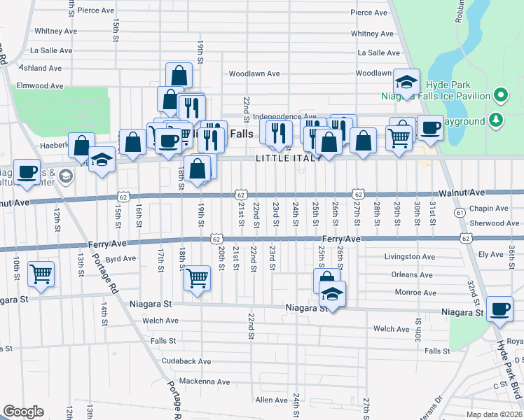 map of restaurants, bars, coffee shops, grocery stores, and more near 2219 Walnut Avenue in Niagara Falls
