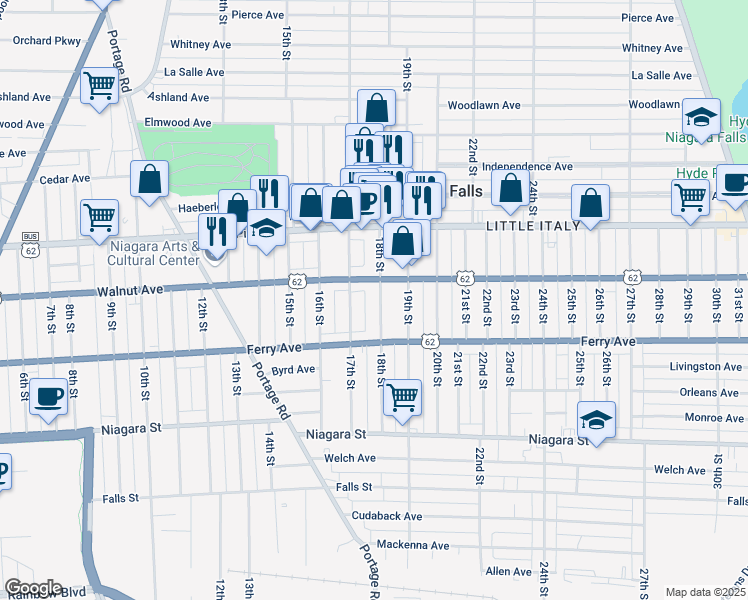 map of restaurants, bars, coffee shops, grocery stores, and more near 1710 Walnut Avenue in Niagara Falls
