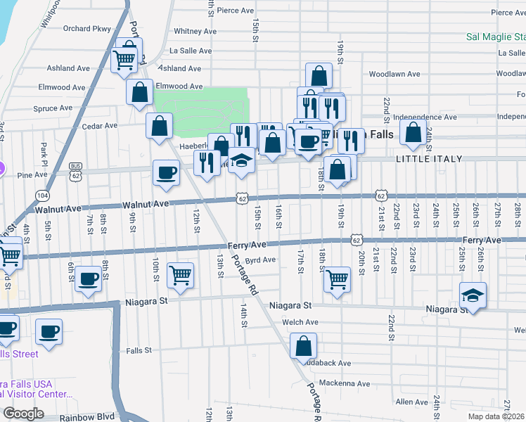 map of restaurants, bars, coffee shops, grocery stores, and more near 1502 Walnut Avenue in Niagara Falls