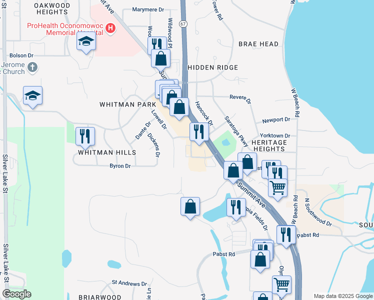 map of restaurants, bars, coffee shops, grocery stores, and more near 955 Lexington Drive in Oconomowoc