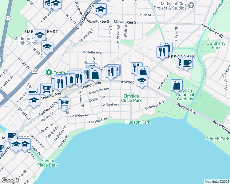 map of restaurants, bars, coffee shops, grocery stores, and more near 2713 Atwood Avenue in Madison