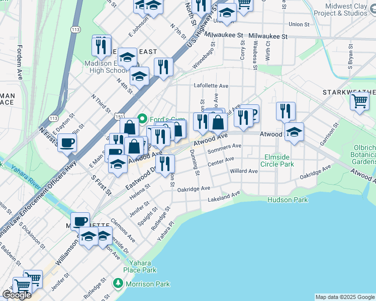map of restaurants, bars, coffee shops, grocery stores, and more near 252 Jackson Street in Madison