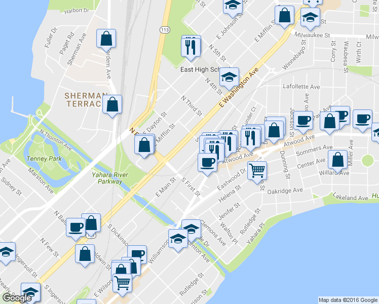 map of restaurants, bars, coffee shops, grocery stores, and more near 18 South 2nd Street in Madison