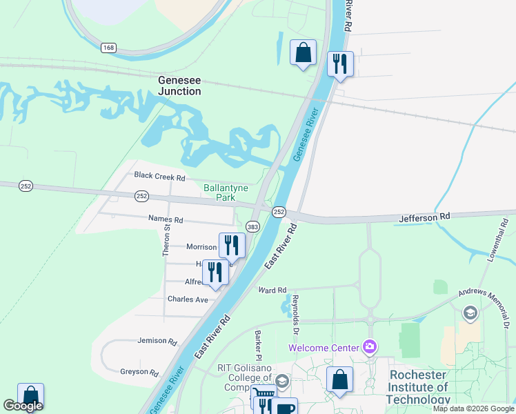 map of restaurants, bars, coffee shops, grocery stores, and more near Jefferson Road & Scottsville Road in Rochester