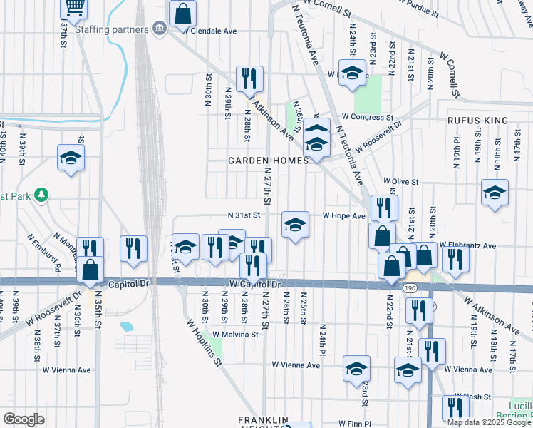 map of restaurants, bars, coffee shops, grocery stores, and more near N 27th St & W Hope Ave in Milwaukee