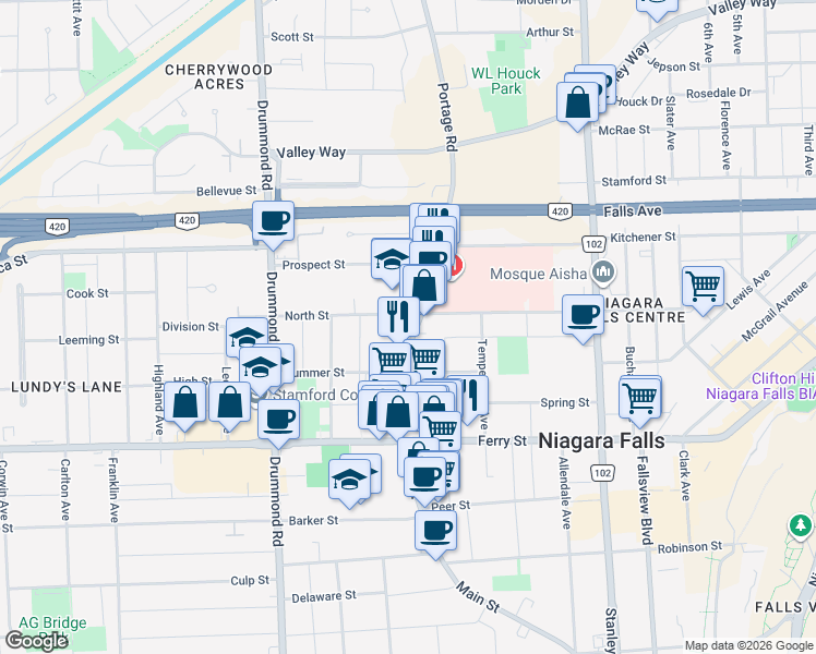 map of restaurants, bars, coffee shops, grocery stores, and more near 5637 Main Street in Niagara Falls