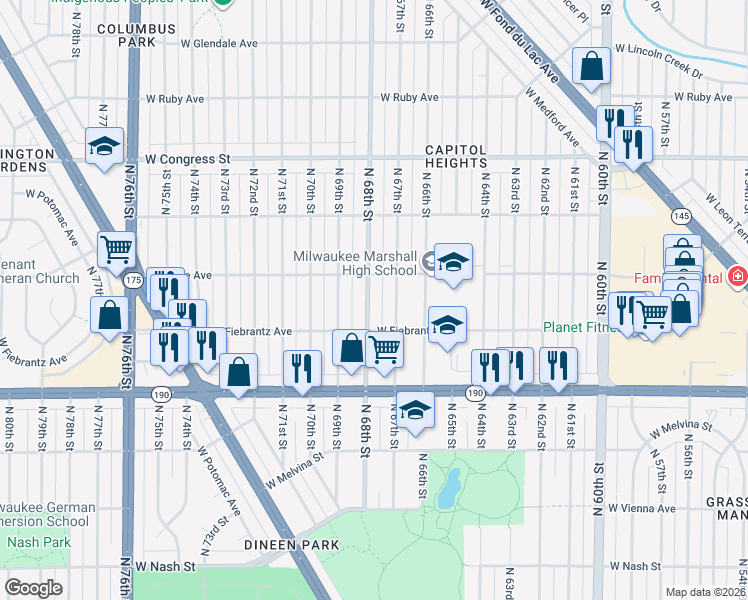map of restaurants, bars, coffee shops, grocery stores, and more near 4175 North 67th Street in Milwaukee