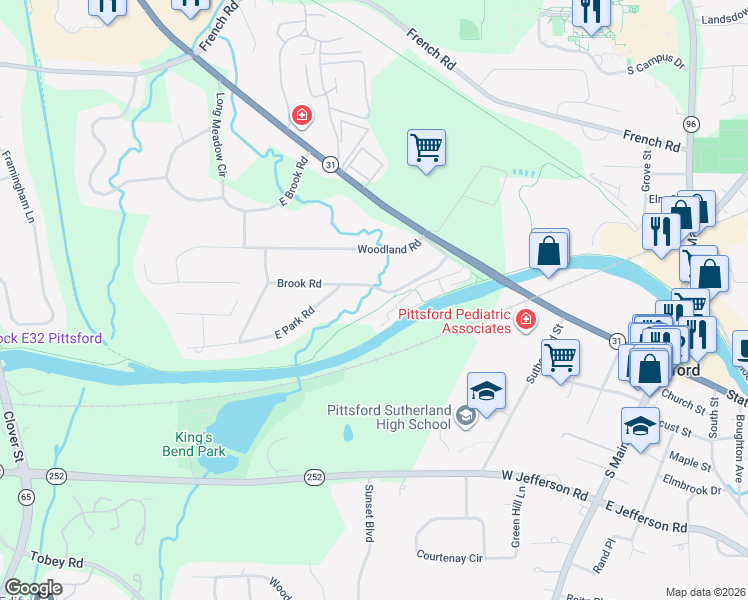 map of restaurants, bars, coffee shops, grocery stores, and more near 39 Brook Road in Pittsford