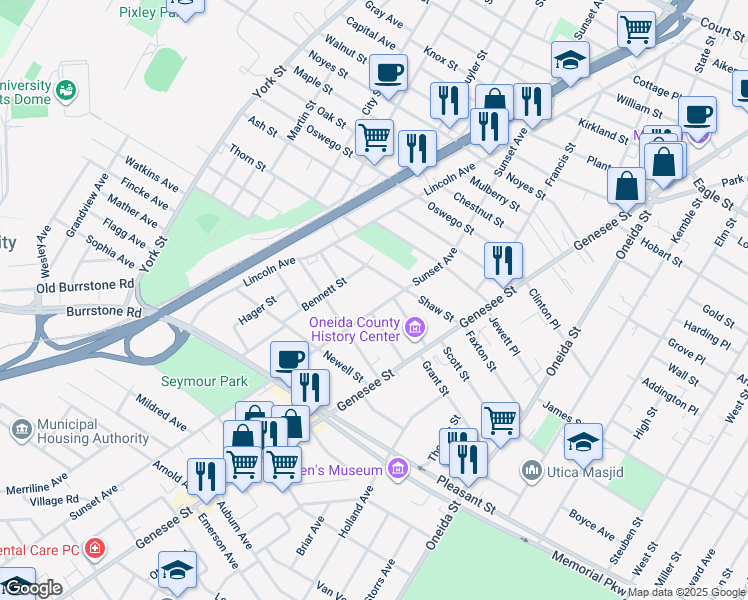 map of restaurants, bars, coffee shops, grocery stores, and more near 1612 Sunset Avenue in Utica