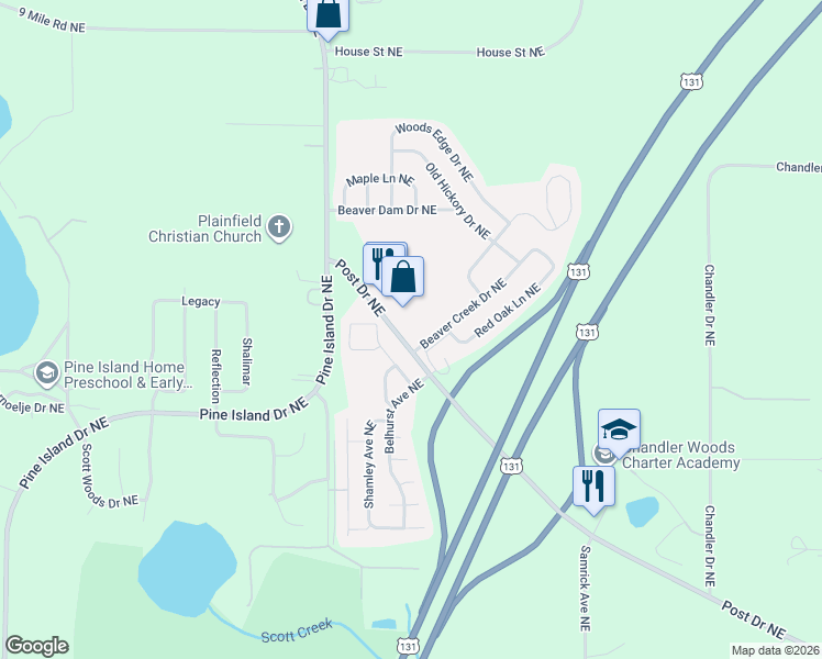 map of restaurants, bars, coffee shops, grocery stores, and more near 1391 Beaver Creek Drive Northeast in Plainfield charter Township