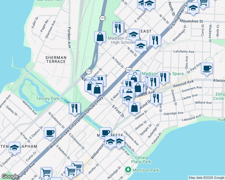 map of restaurants, bars, coffee shops, grocery stores, and more near 1937 East Washington Avenue in Madison