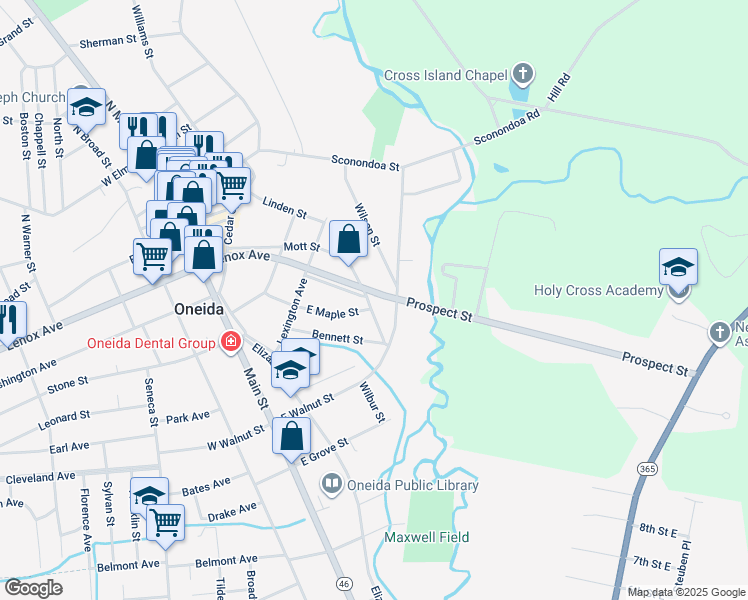 map of restaurants, bars, coffee shops, grocery stores, and more near 282 Wilson Street in Oneida