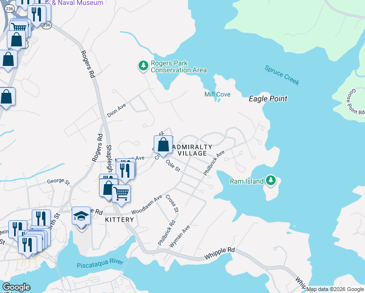 map of restaurants, bars, coffee shops, grocery stores, and more near 127 Manson Avenue in Kittery