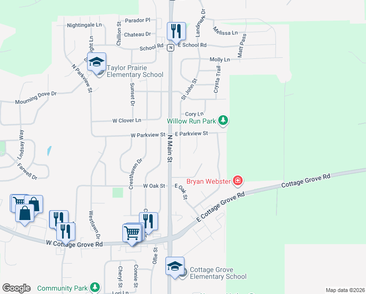 map of restaurants, bars, coffee shops, grocery stores, and more near 102 East Parkview Street in Cottage Grove