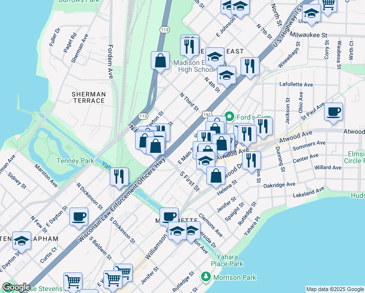map of restaurants, bars, coffee shops, grocery stores, and more near 1946 East Washington Avenue in Madison