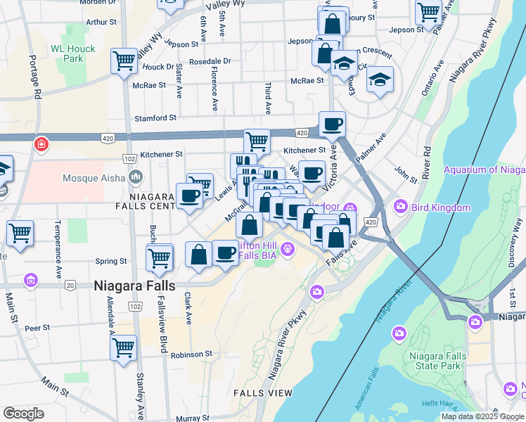 map of restaurants, bars, coffee shops, grocery stores, and more near in Niagara Falls