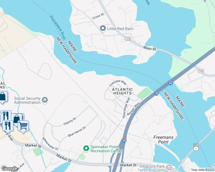 map of restaurants, bars, coffee shops, grocery stores, and more near 214 Crescent Way in Portsmouth