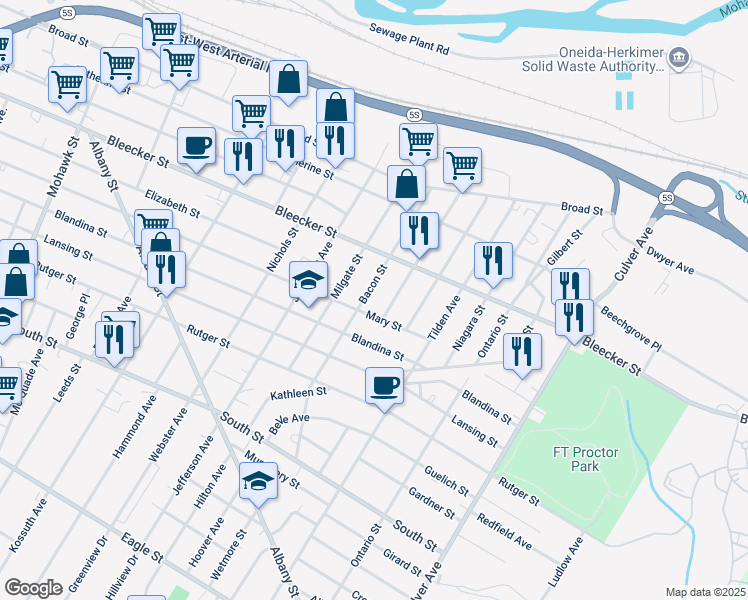 map of restaurants, bars, coffee shops, grocery stores, and more near 516 Bacon Street in Utica