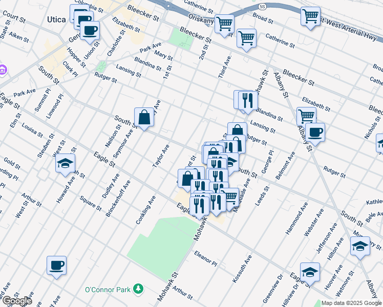 map of restaurants, bars, coffee shops, grocery stores, and more near 511 South Street in Utica