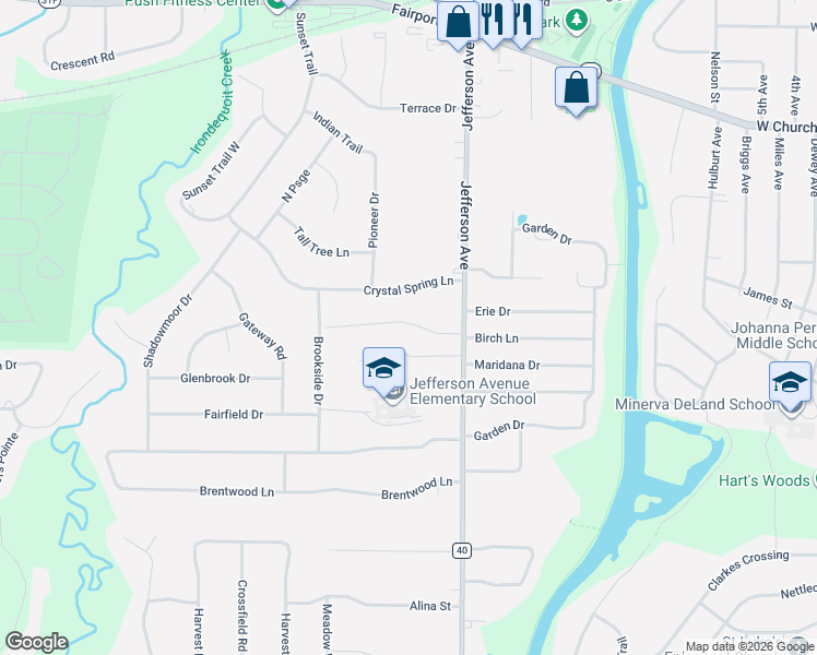 map of restaurants, bars, coffee shops, grocery stores, and more near 17 Crystal Spring Lane in Fairport