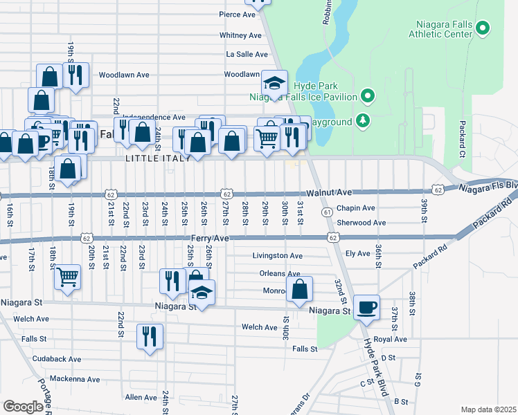 map of restaurants, bars, coffee shops, grocery stores, and more near 2821 Walnut Avenue in Niagara Falls