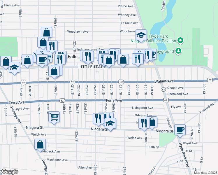map of restaurants, bars, coffee shops, grocery stores, and more near 2609 Walnut Avenue in Niagara Falls