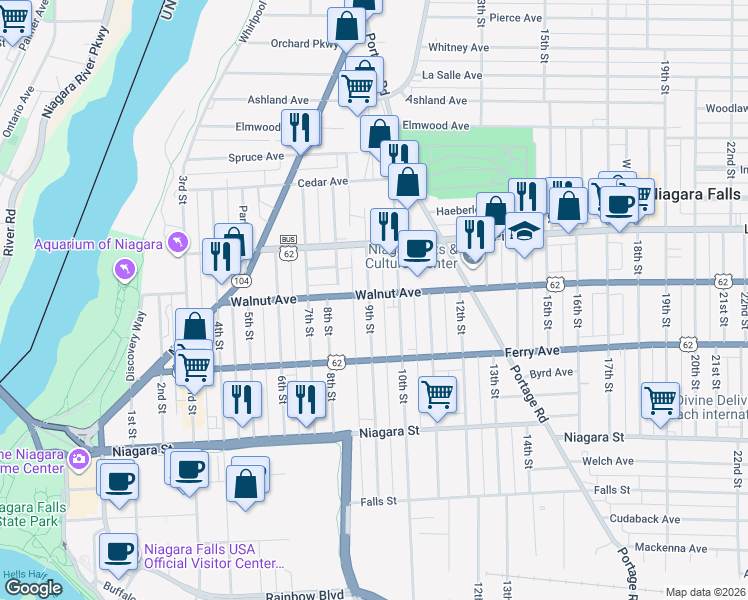 map of restaurants, bars, coffee shops, grocery stores, and more near 611 9th Street in Niagara Falls