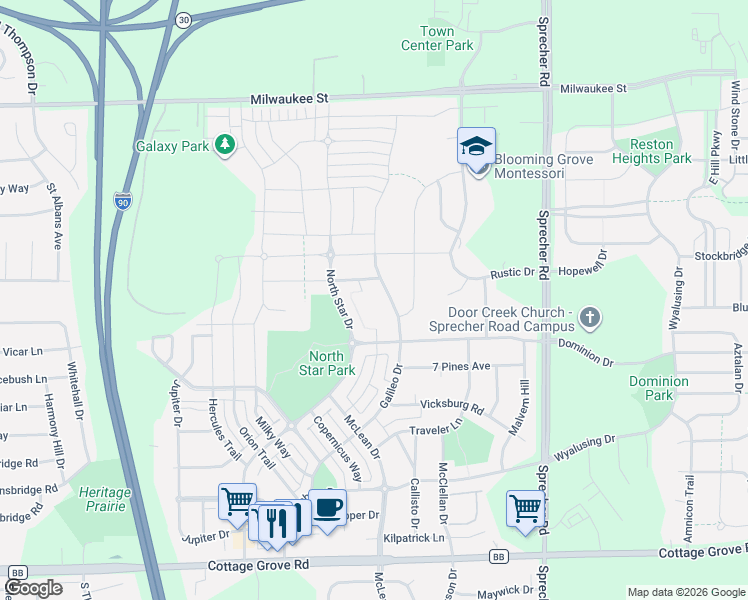 map of restaurants, bars, coffee shops, grocery stores, and more near in Madison