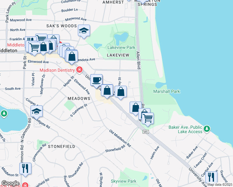 map of restaurants, bars, coffee shops, grocery stores, and more near 2109 North Gateway Street in Middleton