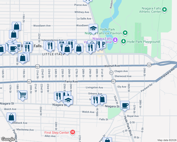 map of restaurants, bars, coffee shops, grocery stores, and more near 544 29th Street in Niagara Falls