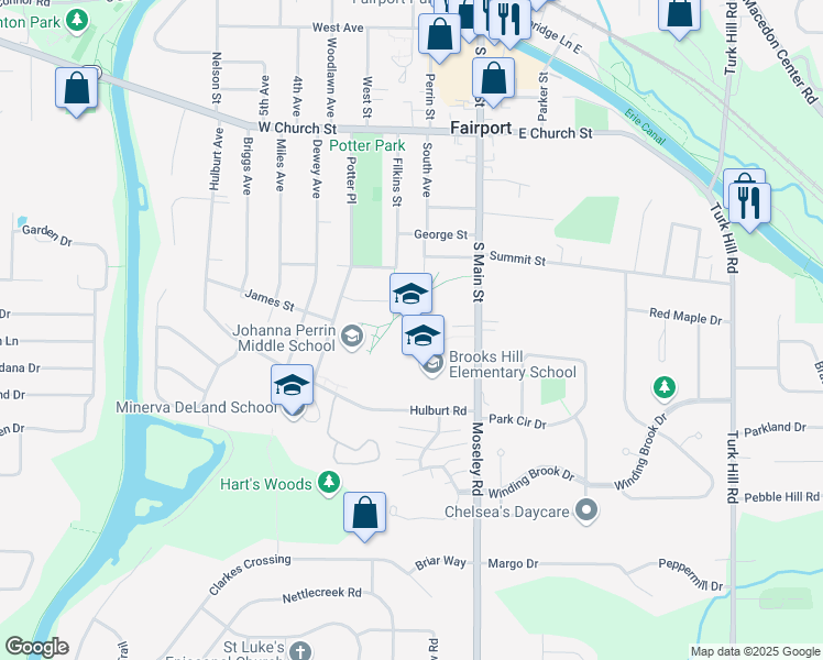 map of restaurants, bars, coffee shops, grocery stores, and more near 85 Potter Place in Fairport