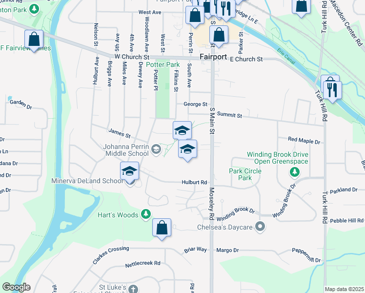 map of restaurants, bars, coffee shops, grocery stores, and more near 85 Potter Place in Fairport
