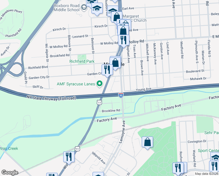map of restaurants, bars, coffee shops, grocery stores, and more near in Mattydale