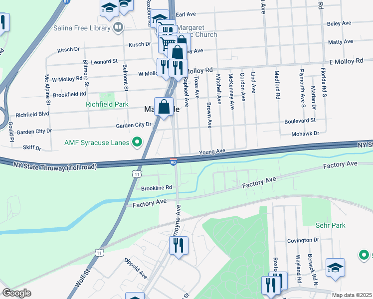 map of restaurants, bars, coffee shops, grocery stores, and more near 314 Raphael Avenue in Syracuse