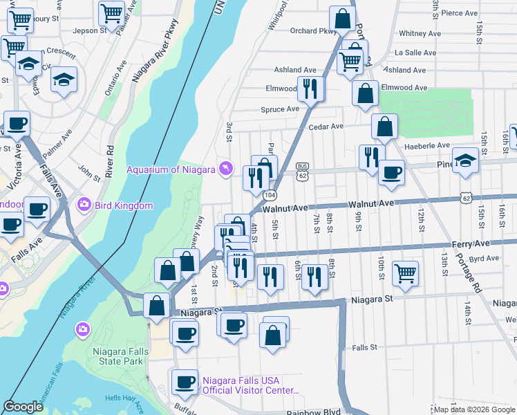 map of restaurants, bars, coffee shops, grocery stores, and more near Walnut Ave & Main St in Niagara Falls