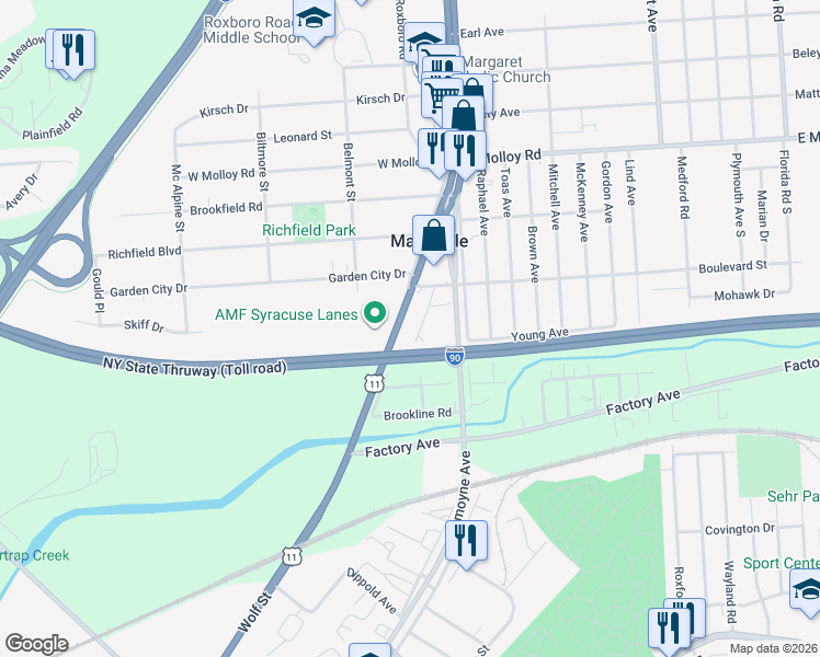 map of restaurants, bars, coffee shops, grocery stores, and more near in Mattydale