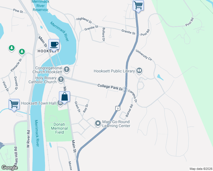 map of restaurants, bars, coffee shops, grocery stores, and more near 1 College Park Drive in Hooksett