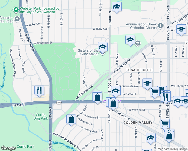 map of restaurants, bars, coffee shops, grocery stores, and more near 4210 North 104th Street in Milwaukee