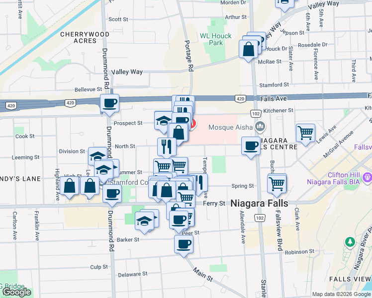 map of restaurants, bars, coffee shops, grocery stores, and more near 5589 Portage Road in Niagara Falls