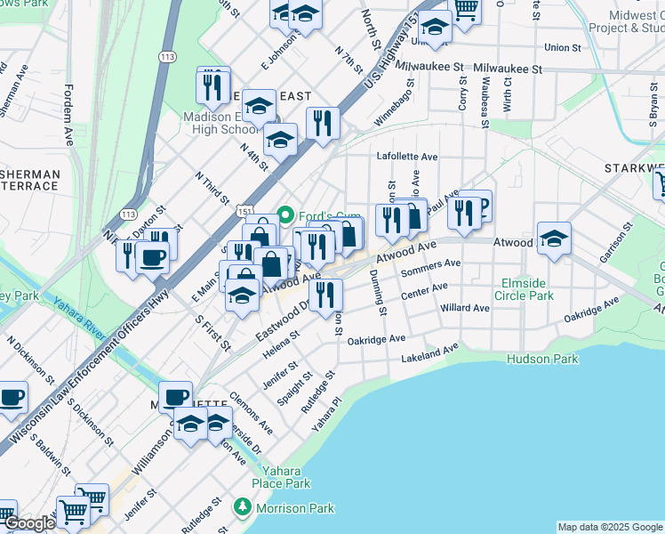 map of restaurants, bars, coffee shops, grocery stores, and more near 2017 Corscot Court in Madison
