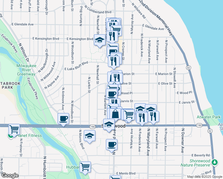 map of restaurants, bars, coffee shops, grocery stores, and more near 4188 North Bartlett Avenue in Shorewood