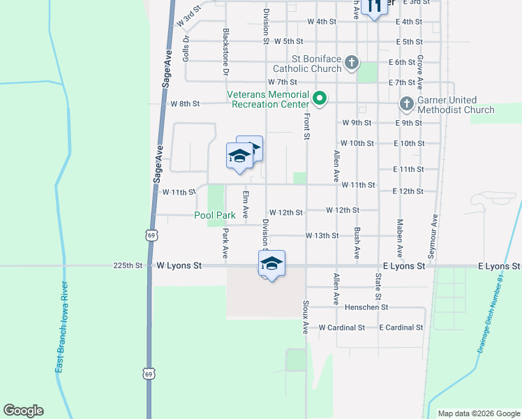 map of restaurants, bars, coffee shops, grocery stores, and more near 1100-1198 Division St in Garner