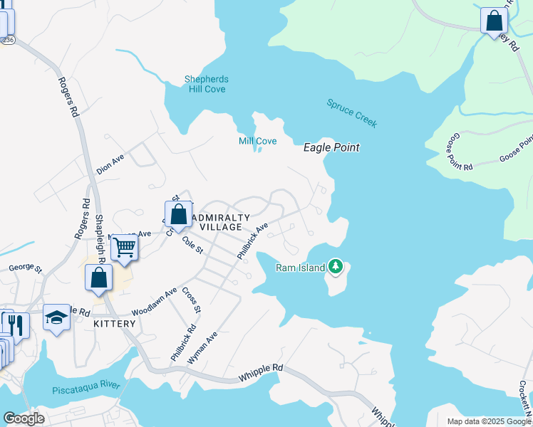 map of restaurants, bars, coffee shops, grocery stores, and more near 3 Mead Street in Kittery