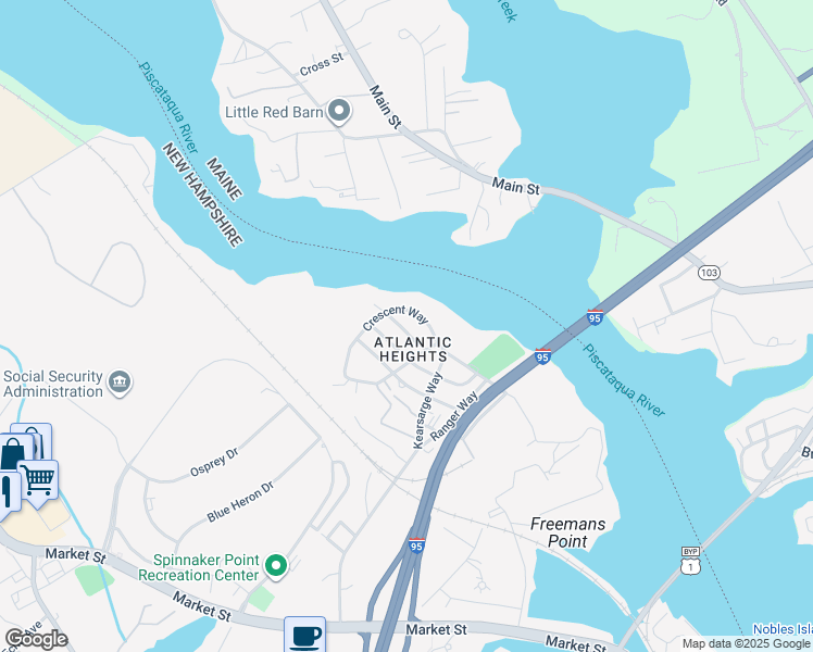 map of restaurants, bars, coffee shops, grocery stores, and more near 140 Crescent Way in Portsmouth
