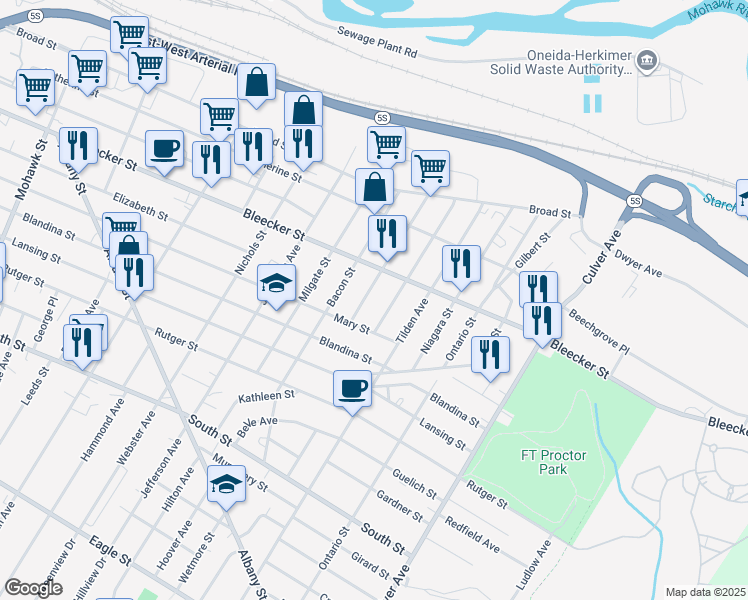 map of restaurants, bars, coffee shops, grocery stores, and more near 506 Wetmore Street in Utica