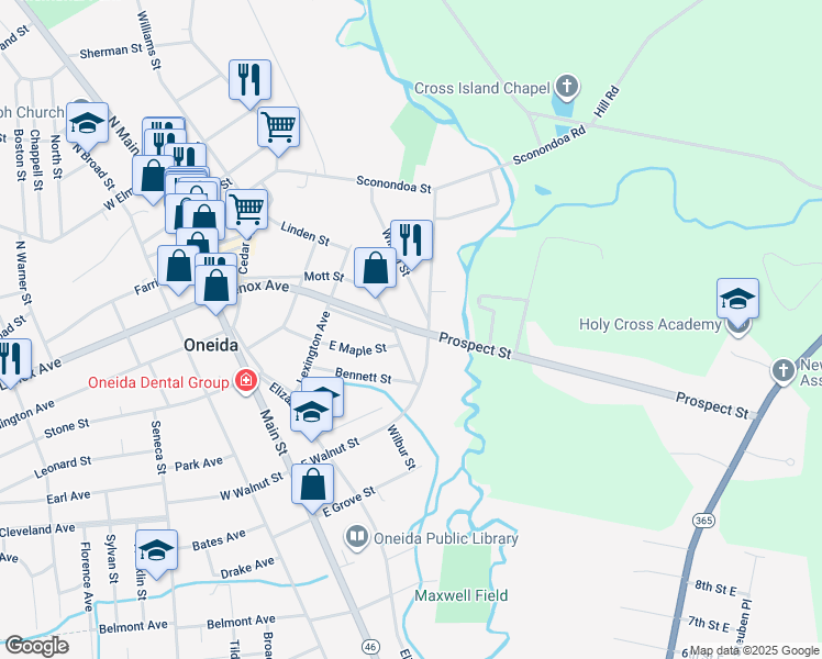 map of restaurants, bars, coffee shops, grocery stores, and more near 282 Wilson Street in Oneida