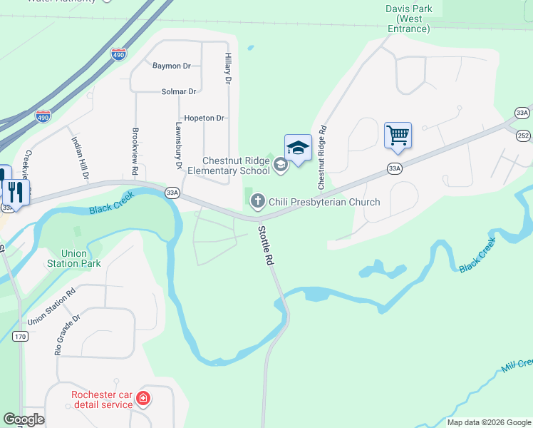 map of restaurants, bars, coffee shops, grocery stores, and more near 3594-3598 Chili Avenue in Rochester