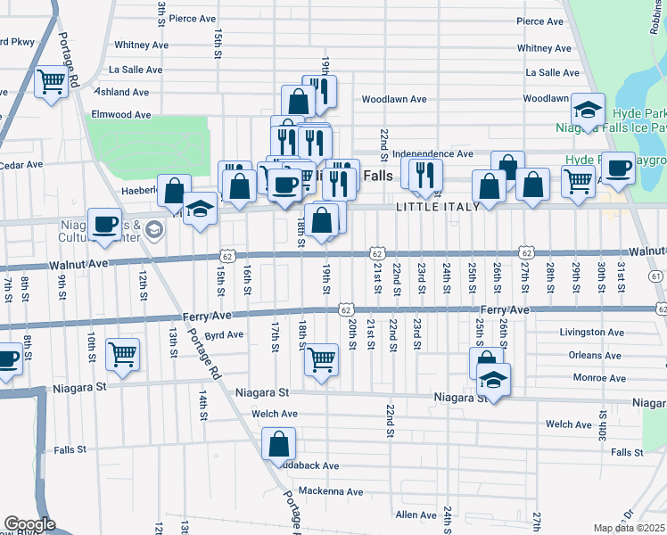 map of restaurants, bars, coffee shops, grocery stores, and more near 1922 Walnut Avenue in Niagara Falls