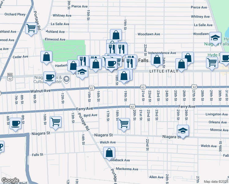 map of restaurants, bars, coffee shops, grocery stores, and more near 1710 Walnut Avenue in Niagara Falls