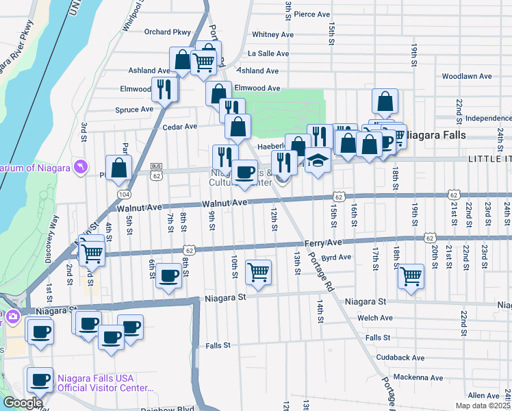 map of restaurants, bars, coffee shops, grocery stores, and more near 1115 Walnut Avenue in Niagara Falls